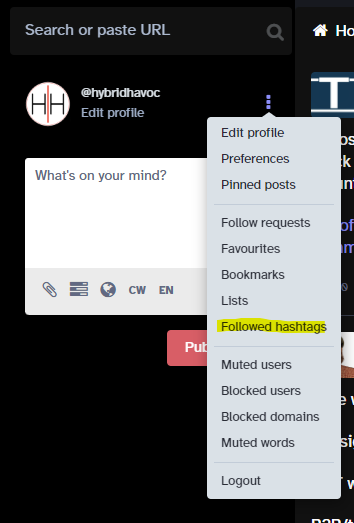 Screenshot of the expanded profile menu on Mastodon, with the Followed hashtags option highlighted.