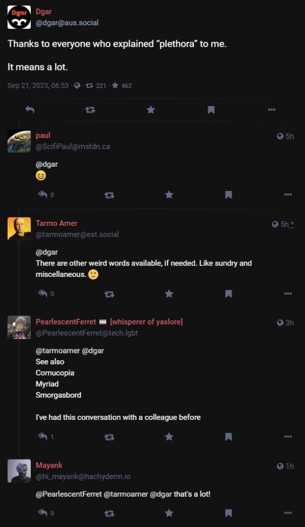 Screenshot of a post with a couple of different threads of replies, each thread indicated separately by a single line that follows along the posts in that thread.