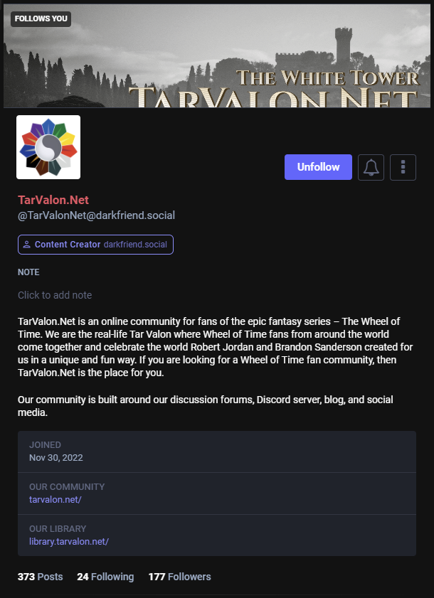 Screenshot of the Darkfriend Social user profile for TarValon.net, showing a Content Creator badge.